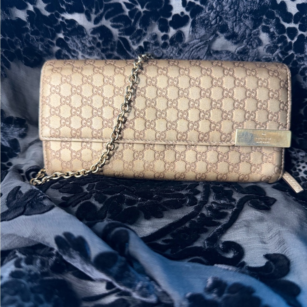 Gucci Gold Monogram Clutch with Chain